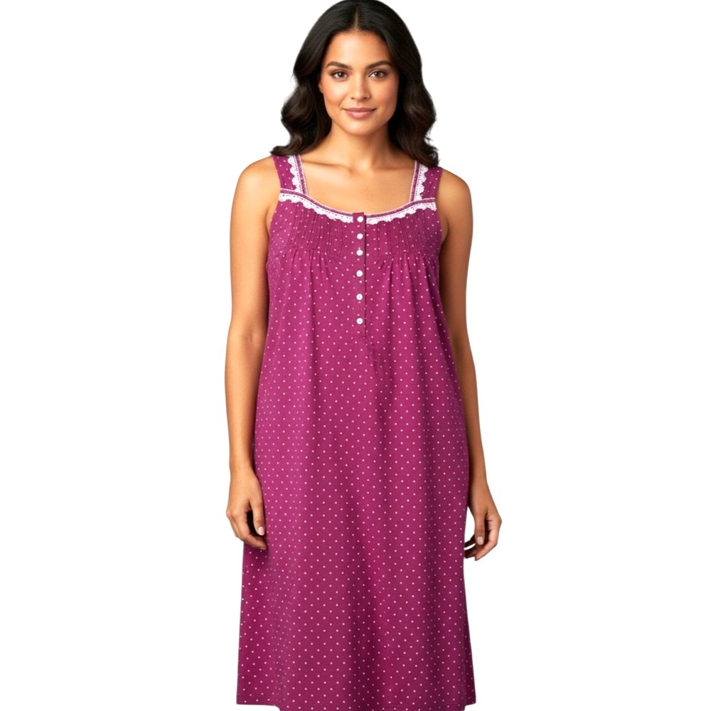ARIA COLLECTION Purple POLKA-DOTS PLEATS 6-Buttons LOUNGE DRESS/NIGHTGOWN Sz L
